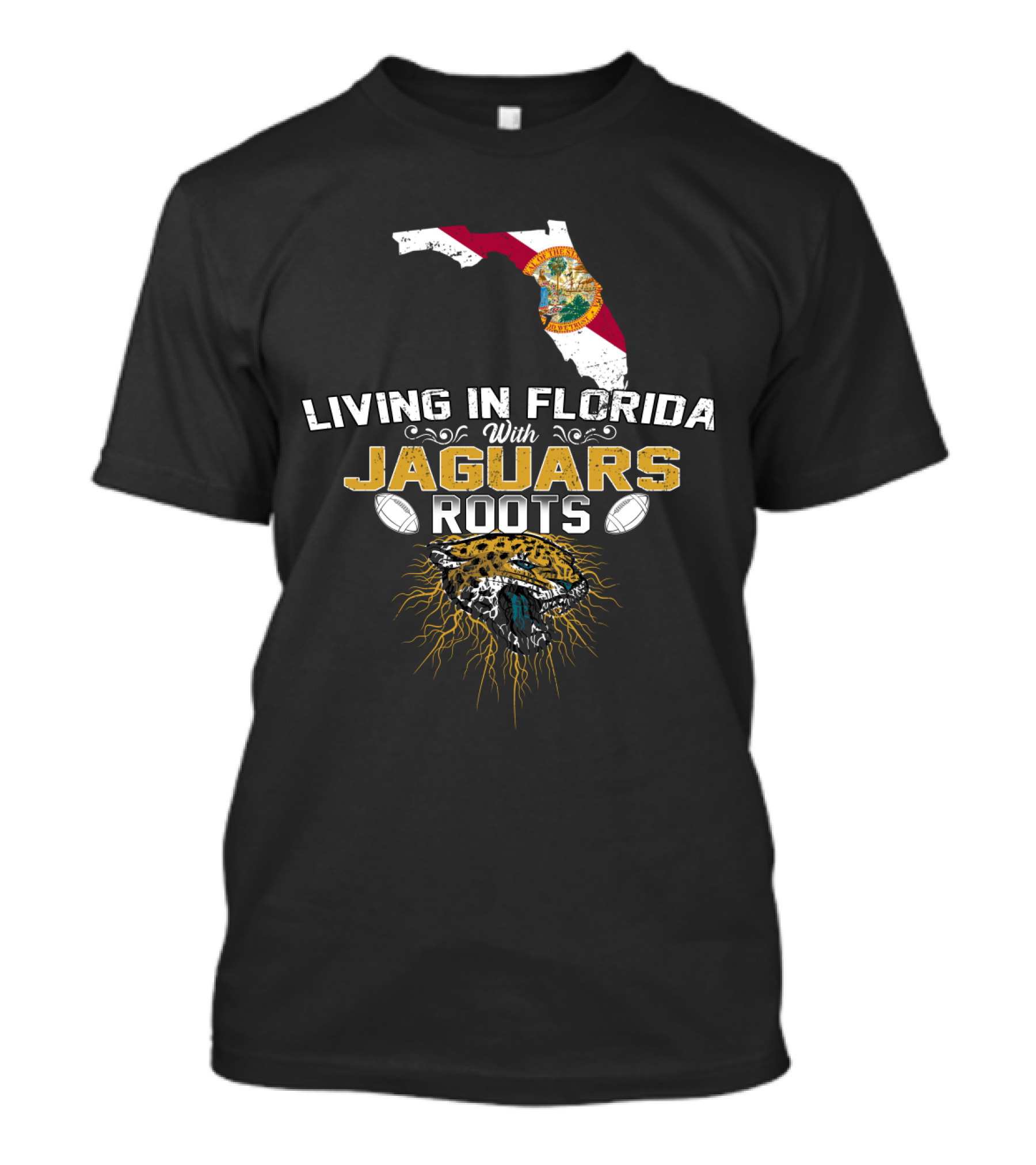Living In Florida With Jaguars Roots Florida Map And Jaguar Head T-Shirt