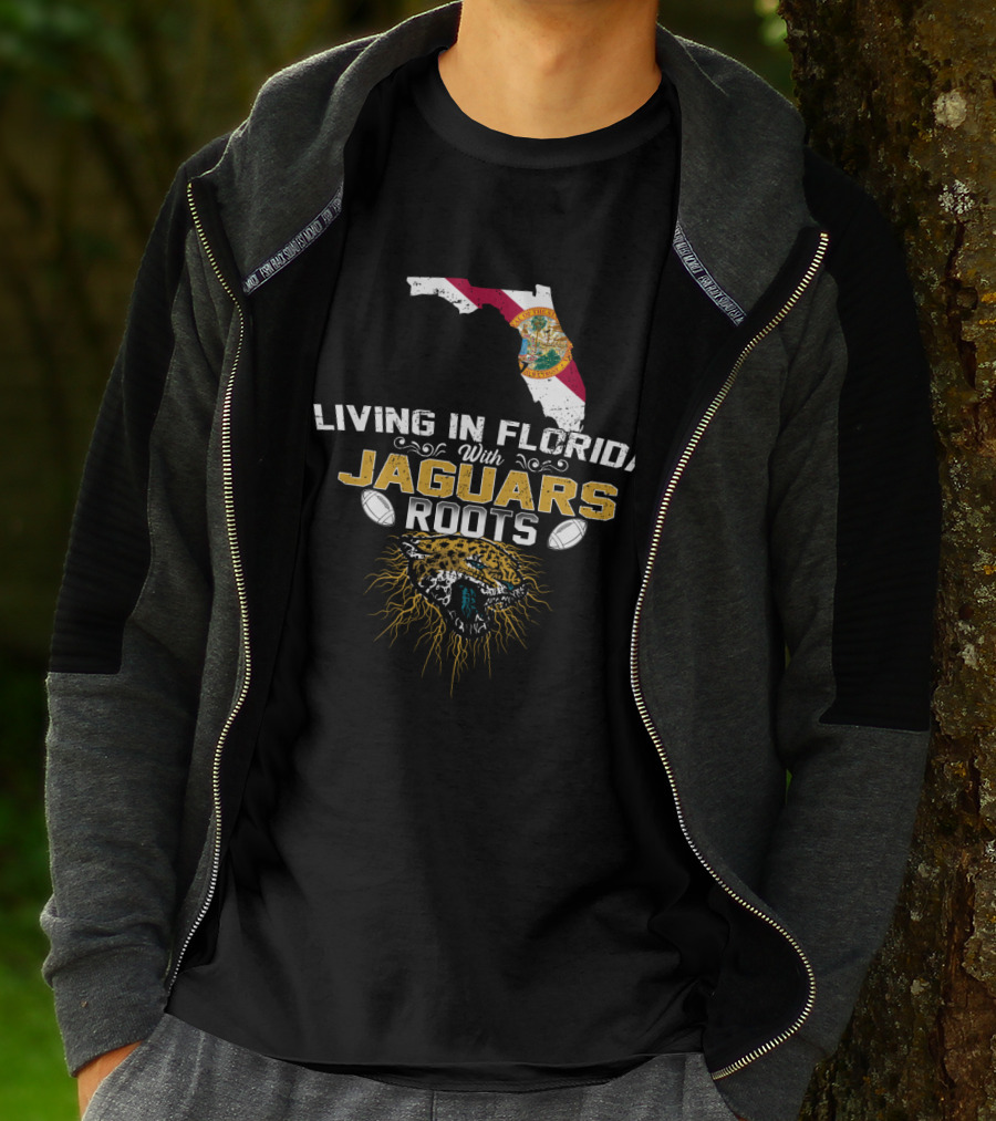 Living In Florida With Jaguars Roots Florida Map And Jaguar Head T-Shirt