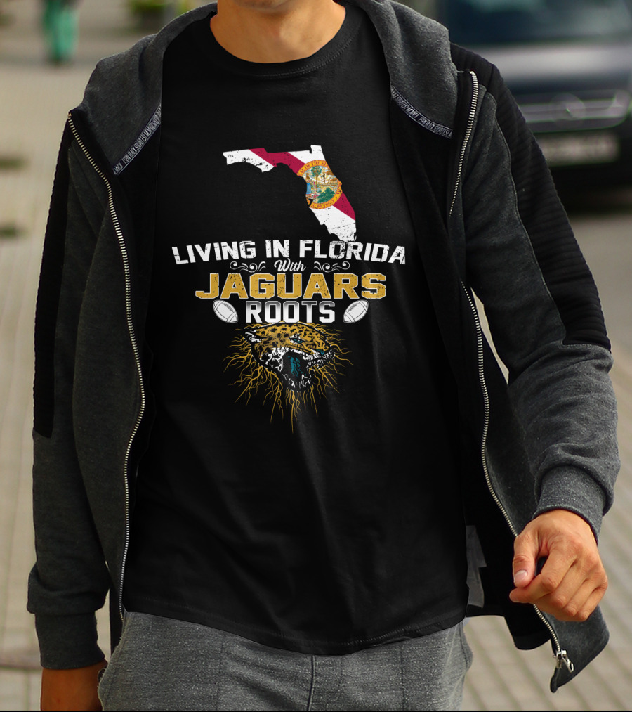 Living In Florida With Jaguars Roots Florida Map And Jaguar Head T-Shirt