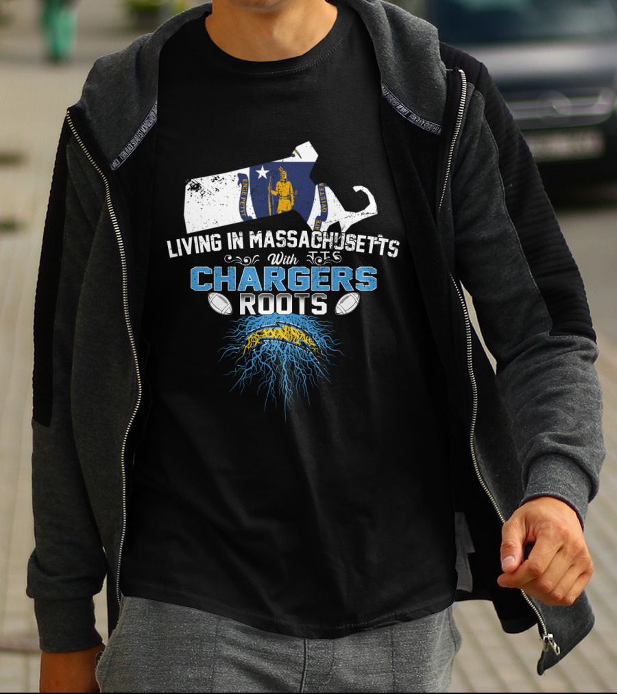 Living In Massachusetts With Chargers Roots And State Outline T-Shirt
