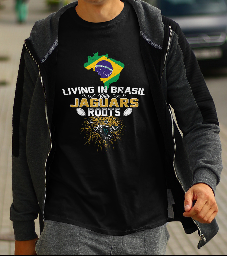 Living In Brasil With Jaguars Roots Brazil Flag Jaguar Footballs T-Shirt