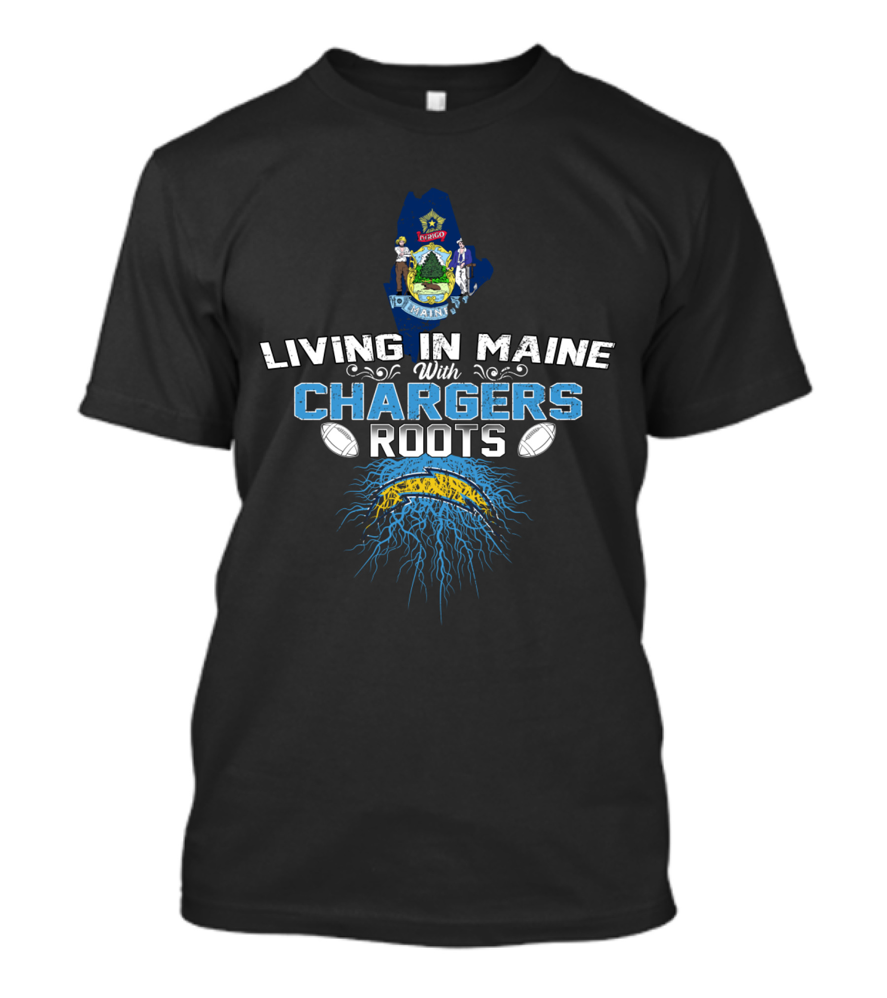Living In Maine With Chargers Roots Maine State Seal Football T-Shirt