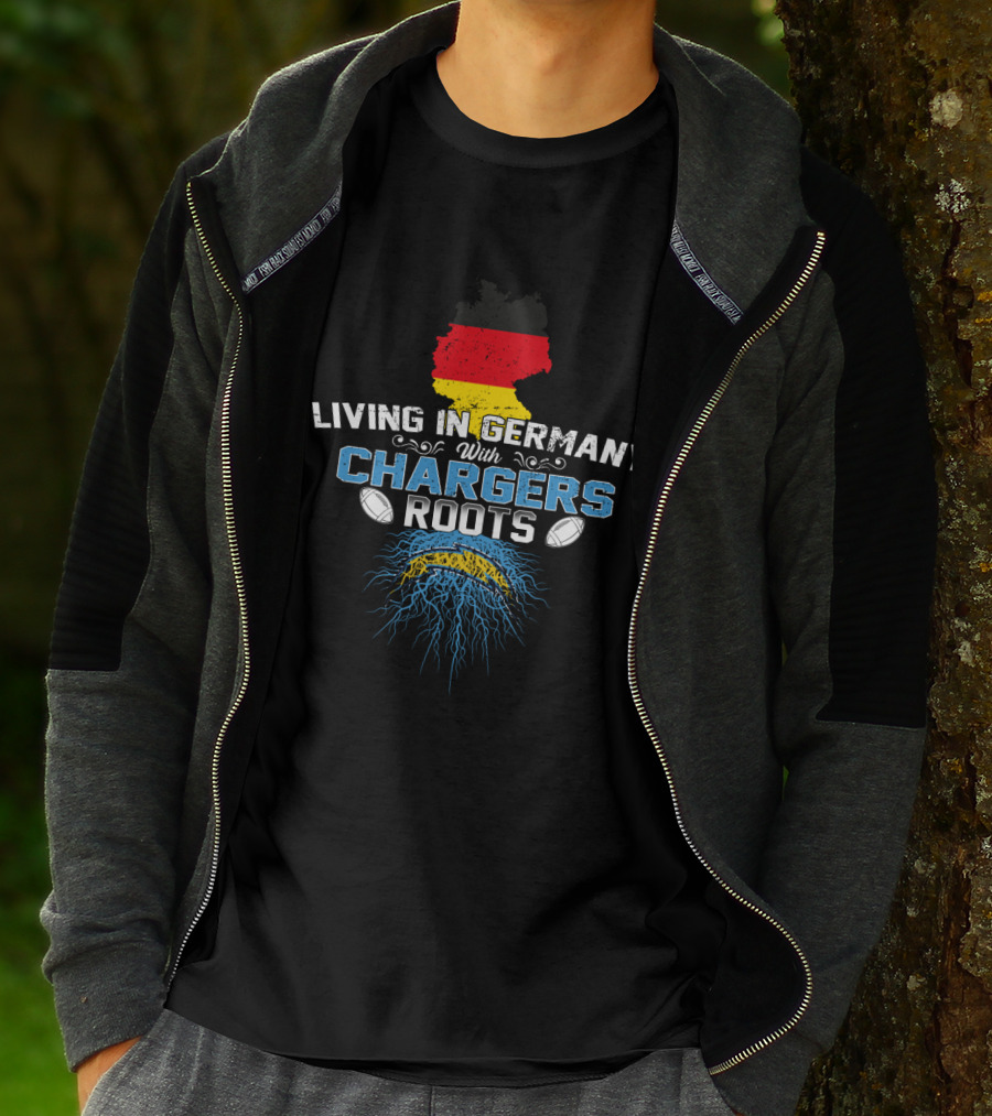 Living In Germany With Chargers Roots Map Flag Football Lightning T-Shirt
