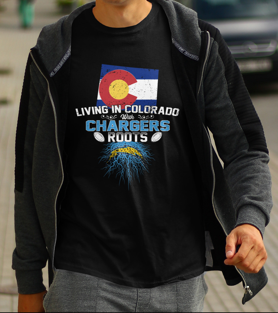 Living In Colorado With Chargers Roots Flag Football Heritage T-Shirt