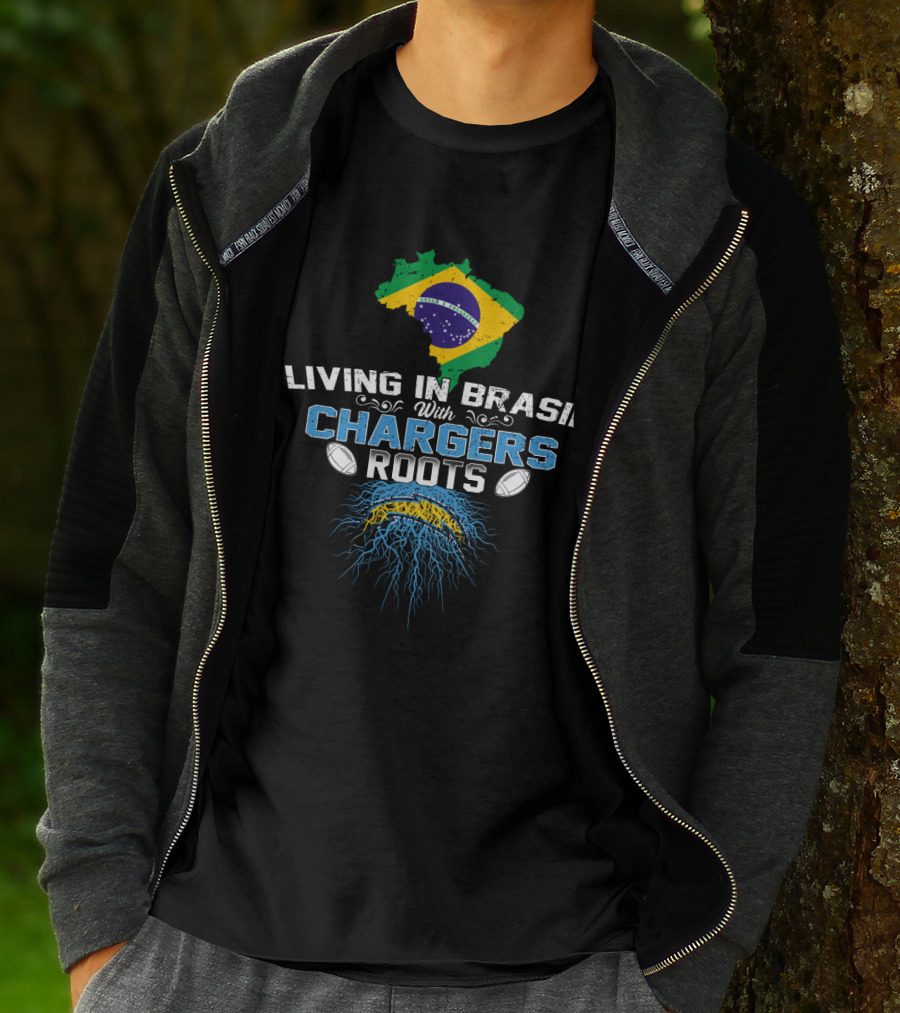 Living In Brasil With Chargers Roots Brazil Map Flag And Football Elements T-Shirt