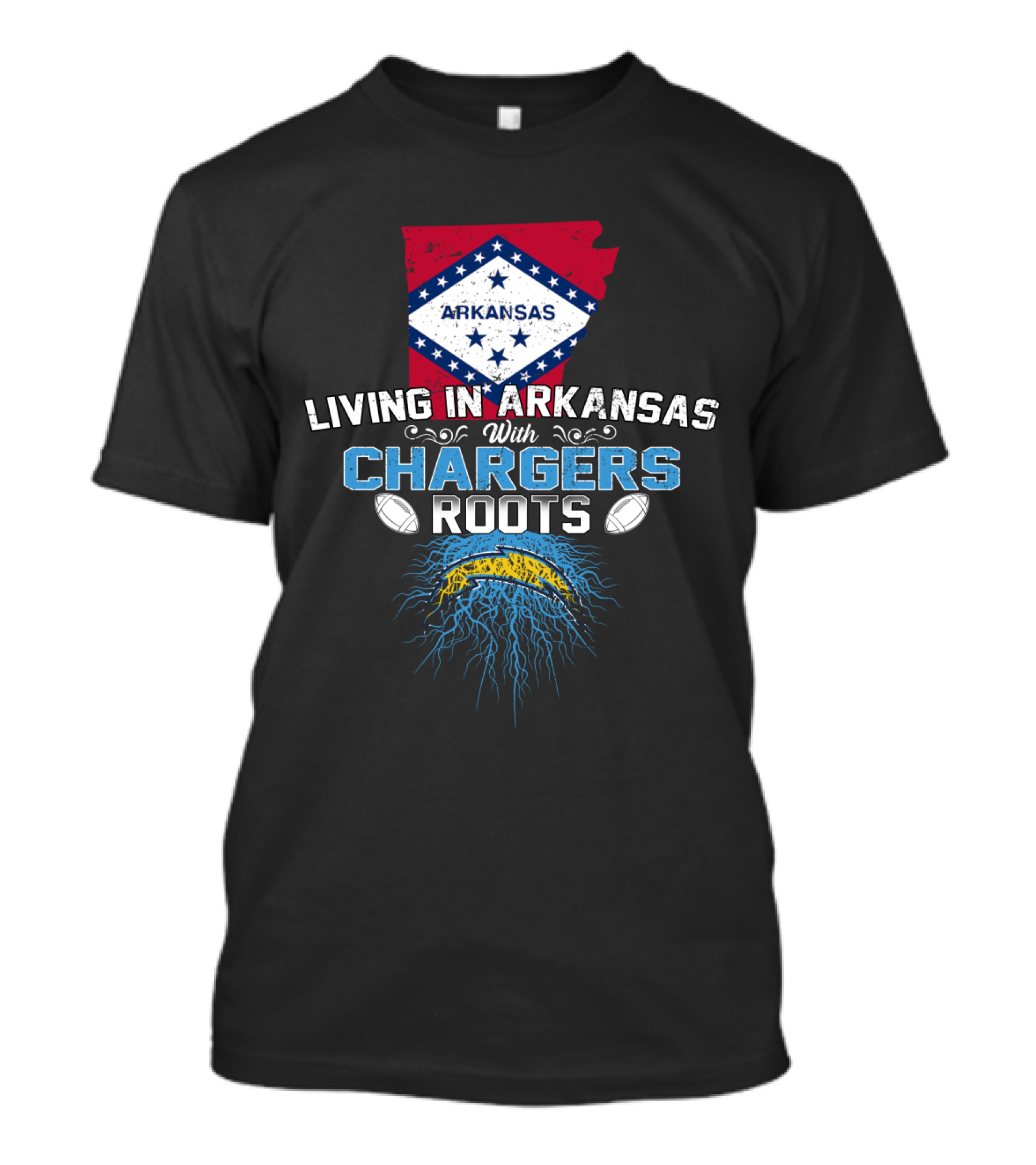 Living In Arkansas With Chargers Roots Arkansas Map And Flag Football Fan T-Shirt