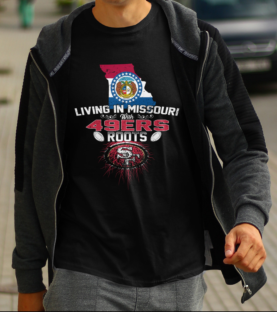Living In Missouri Proudly Embracing 49Ers Roots With State Map And Football Motif T-Shirt