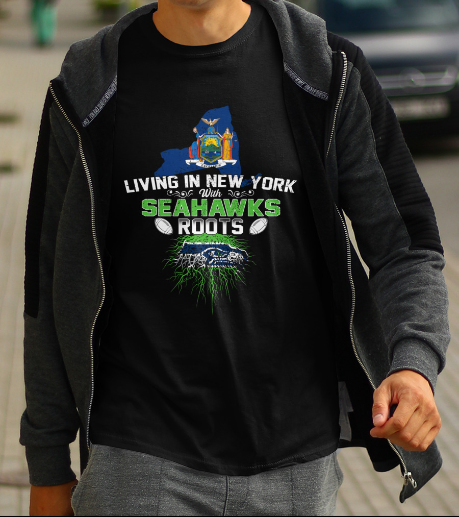 Living In New York With Seahawks Roots New York State Outline Seahawks Logo Footballs T-Shirt