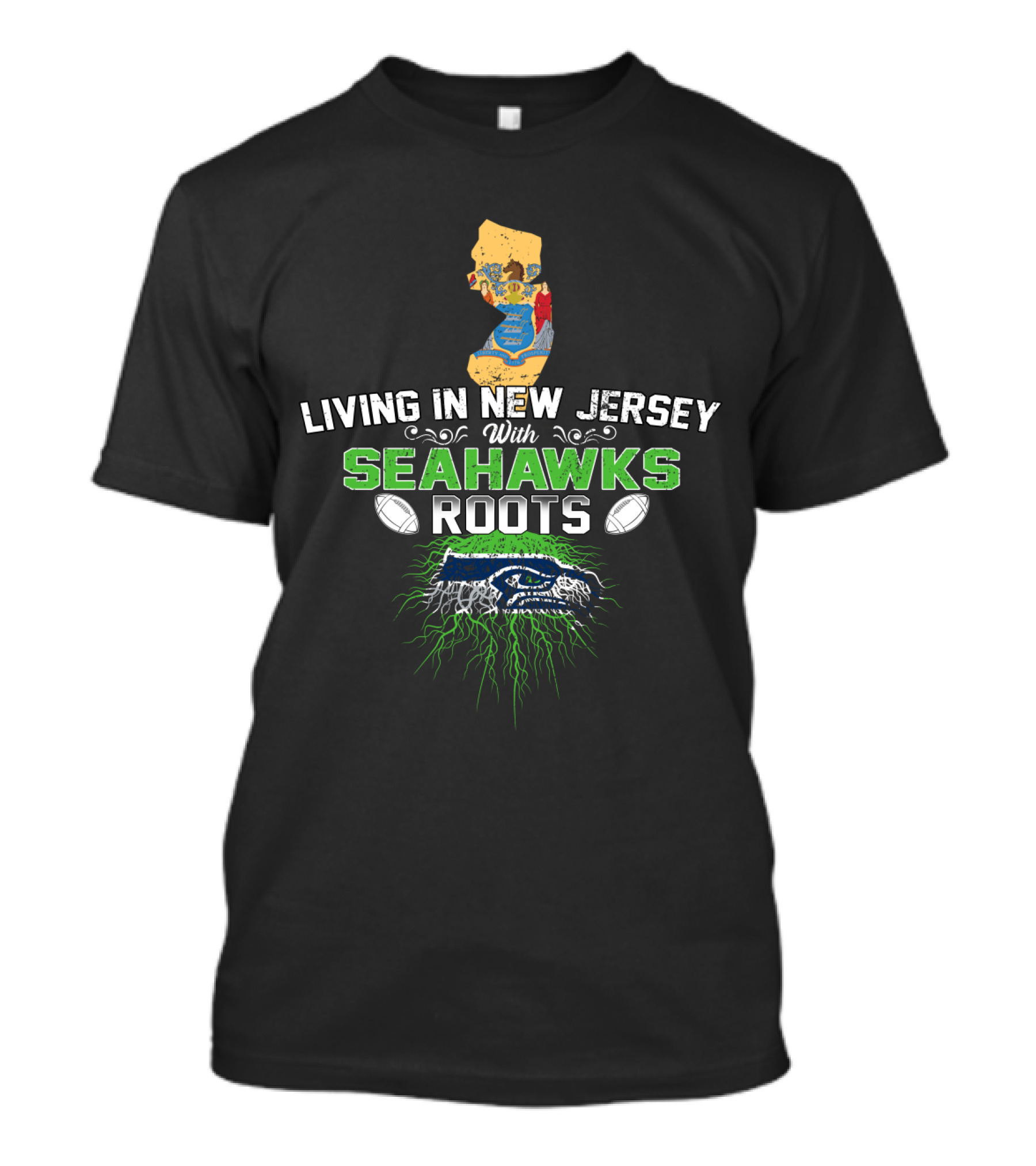 Living In New Jersey With Seahawks Roots Football Fan Pride Map T-Shirt