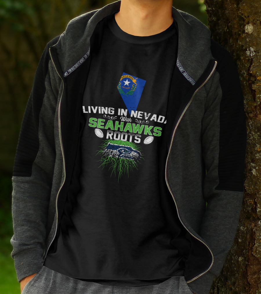 Living In Nevada With Seattle Seahawks Roots, Nevada Flag And Logo Elements T-Shirt