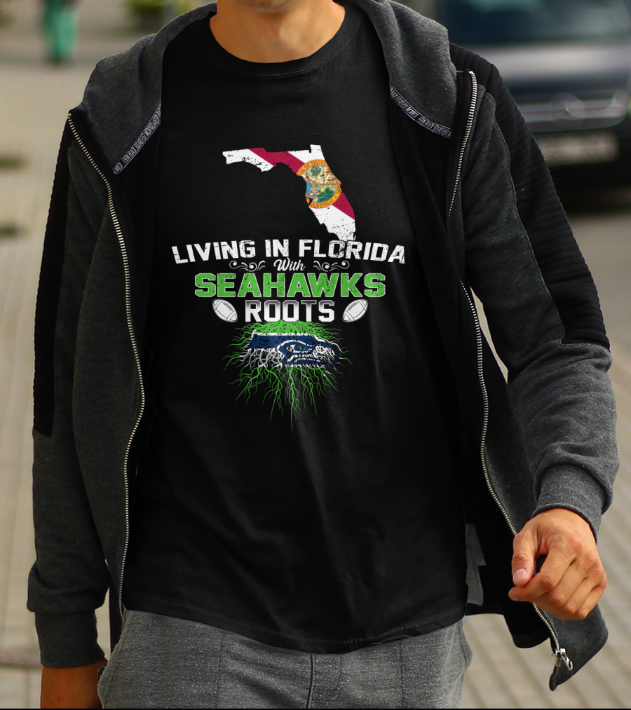 Living In Florida With Seahawks Roots Featuring State Flag And Logo Elements T-Shirt