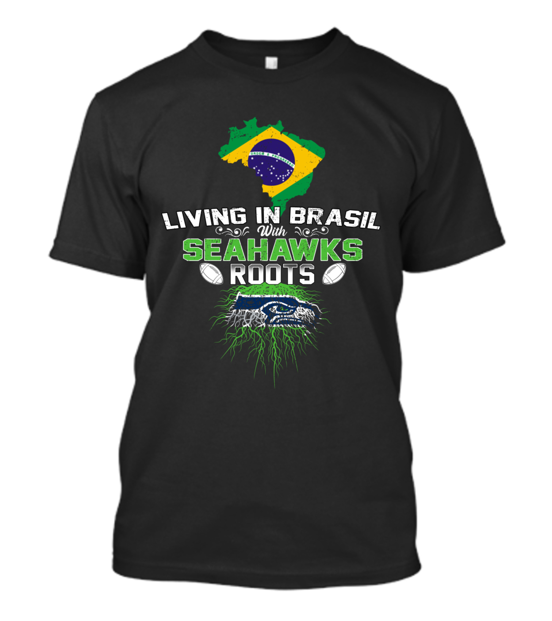 Living In Brasil With Seahawks Roots Map Flag Football Team Pride T-Shirt
