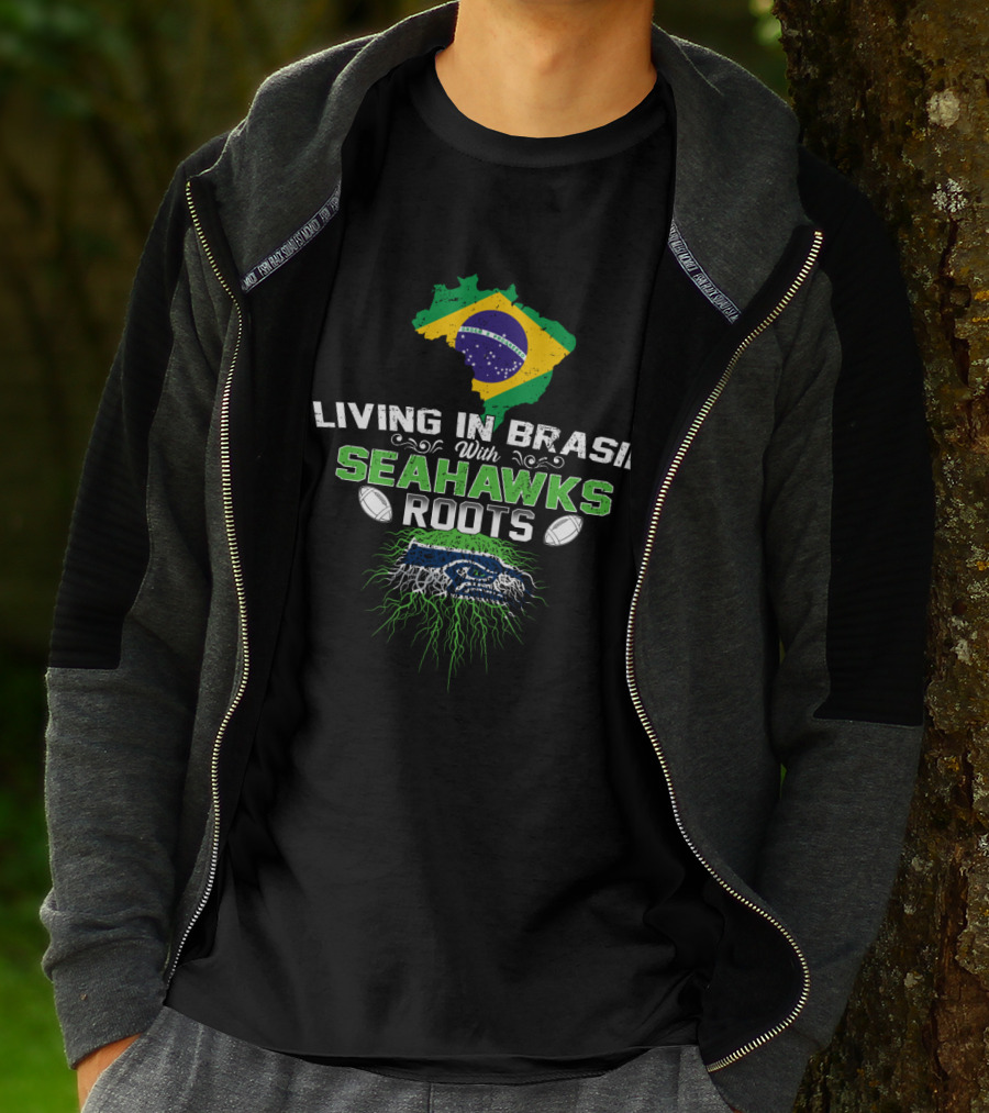 Living In Brasil With Seahawks Roots Map Flag Football Team Pride T-Shirt