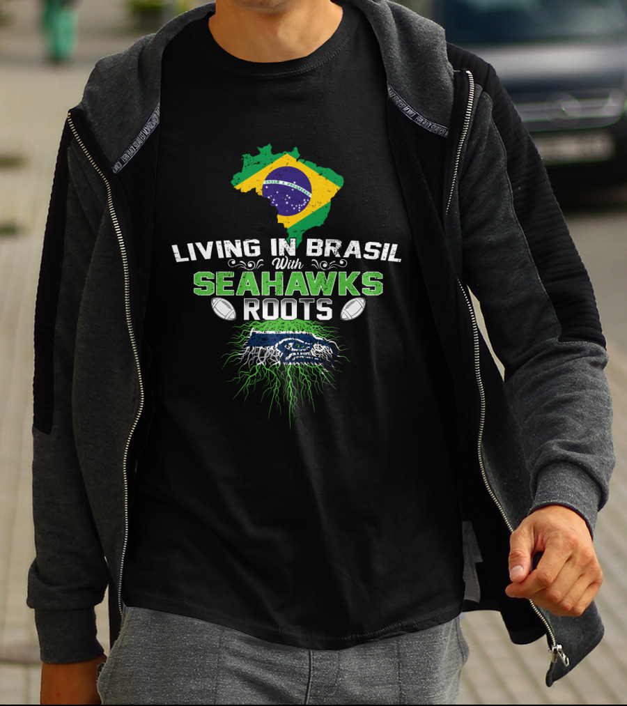 Living In Brasil With Seahawks Roots Map Flag Football Team Pride T-Shirt