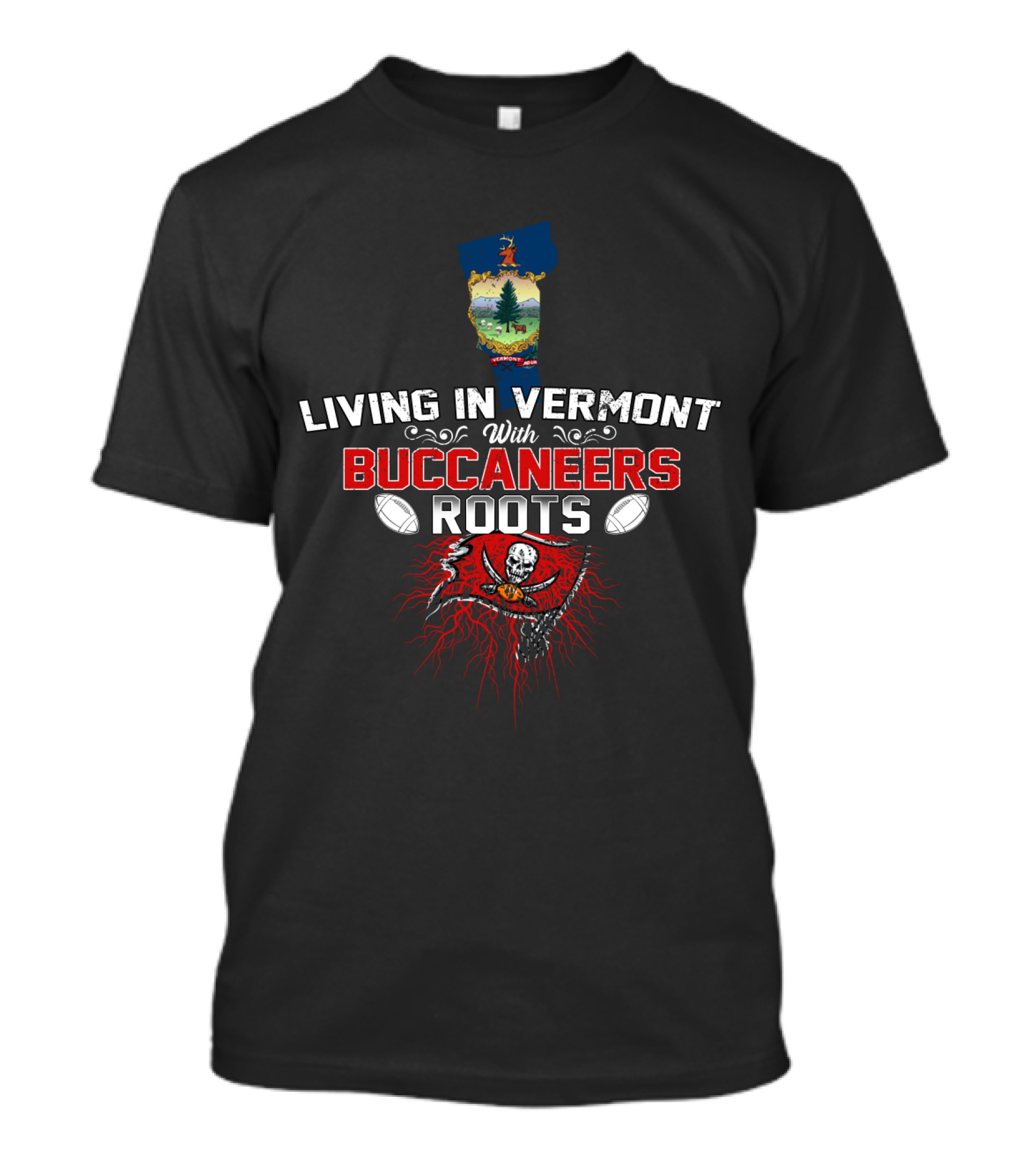 Living In Vermont With Buccaneers Roots Vermont Map Football Skull Flag T-Shirt