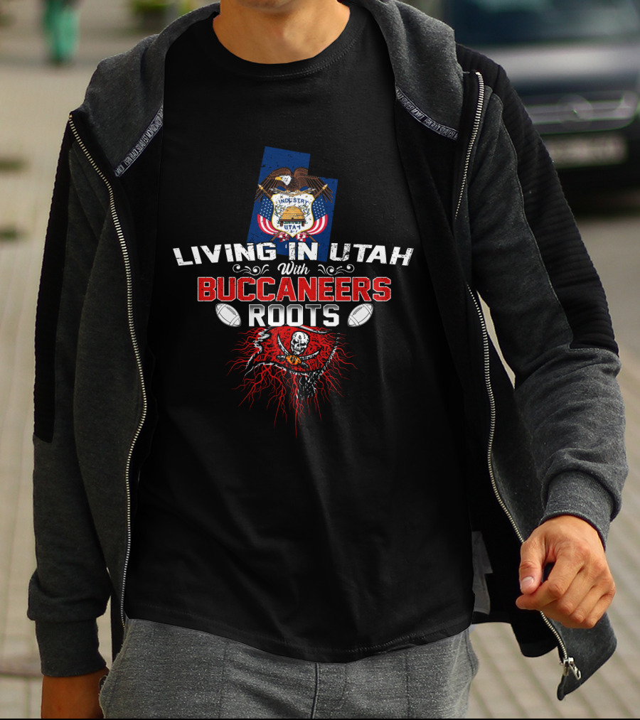 Living In Utah With Buccaneers Roots Utah State Flag Skull And Crossbones Football T-Shirt