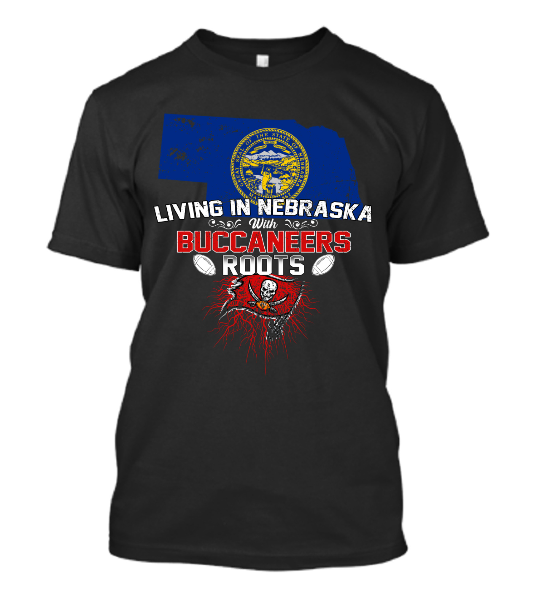 Living In Nebraska With Buccaneers Roots Nebraska State Seal Football Skull Flag T-Shirt