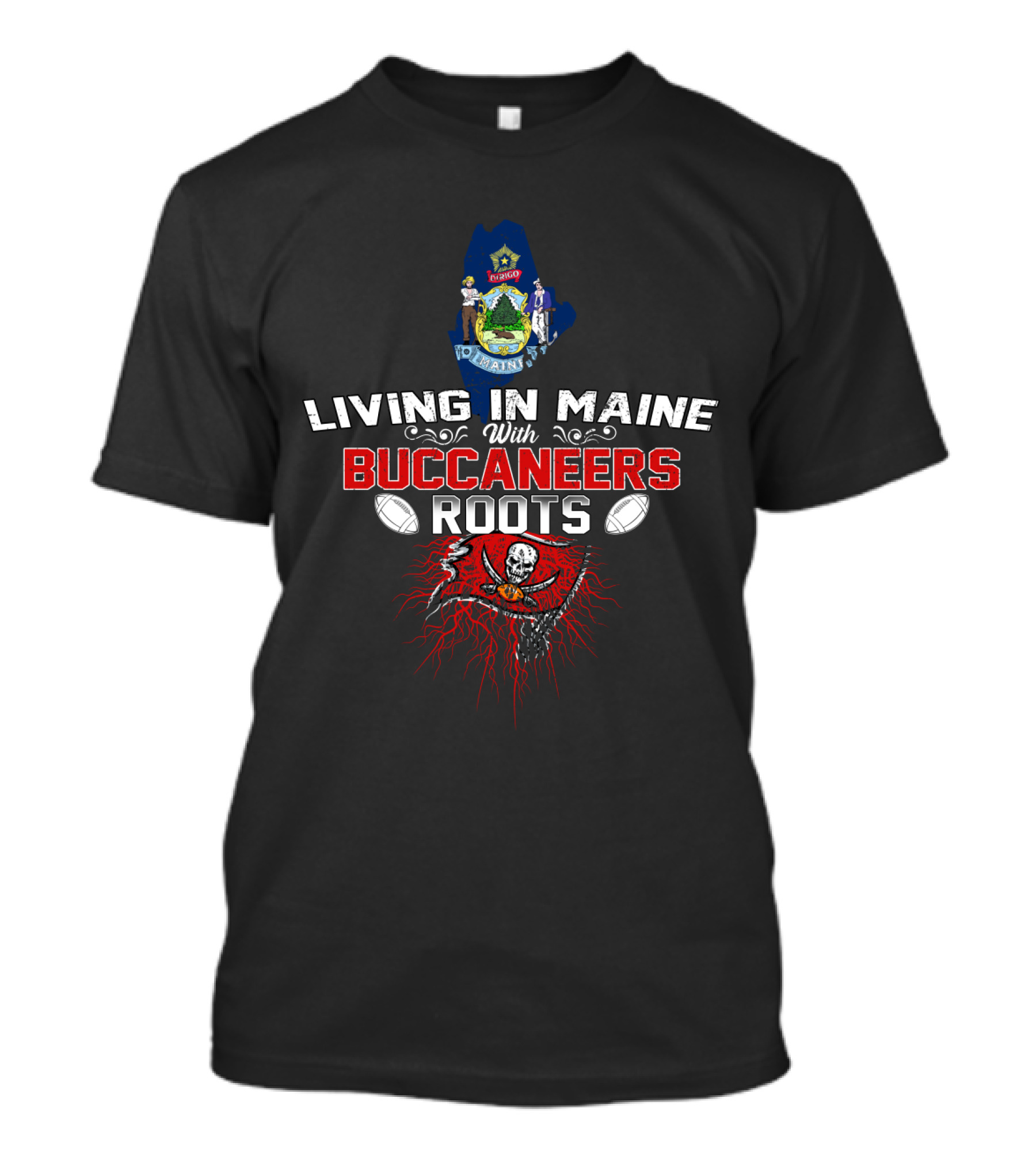 Living In Maine With Buccaneers Roots And Flag Football Symbols T-Shirt