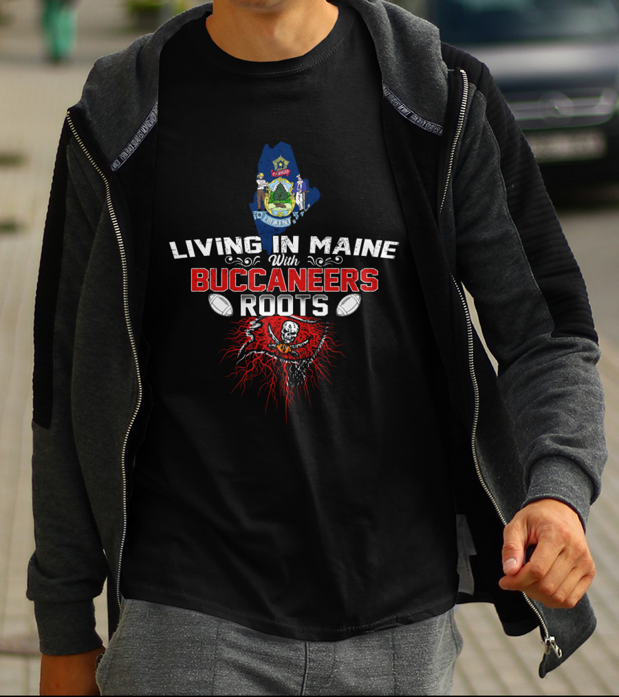 Living In Maine With Buccaneers Roots And Flag Football Symbols T-Shirt