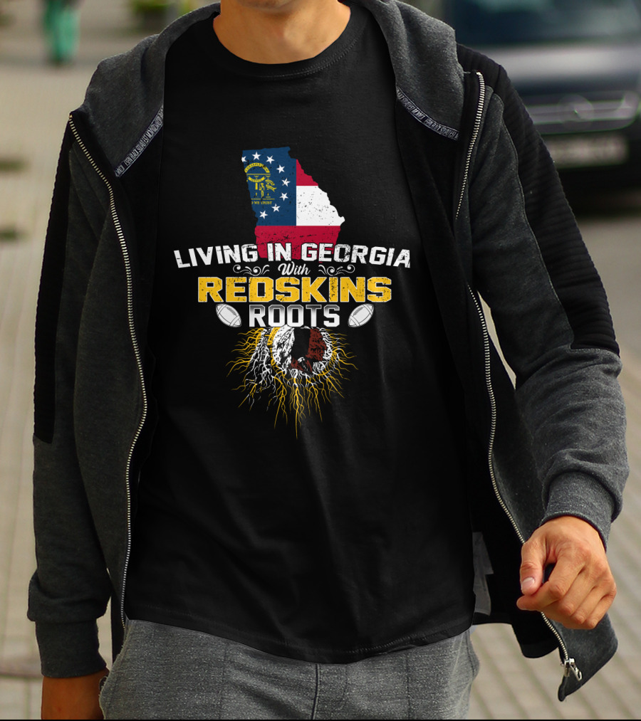 Living In Georgia With Redskins Roots Featuring Georgia State With Flag Colors And Vintage Helmet T-Shirt
