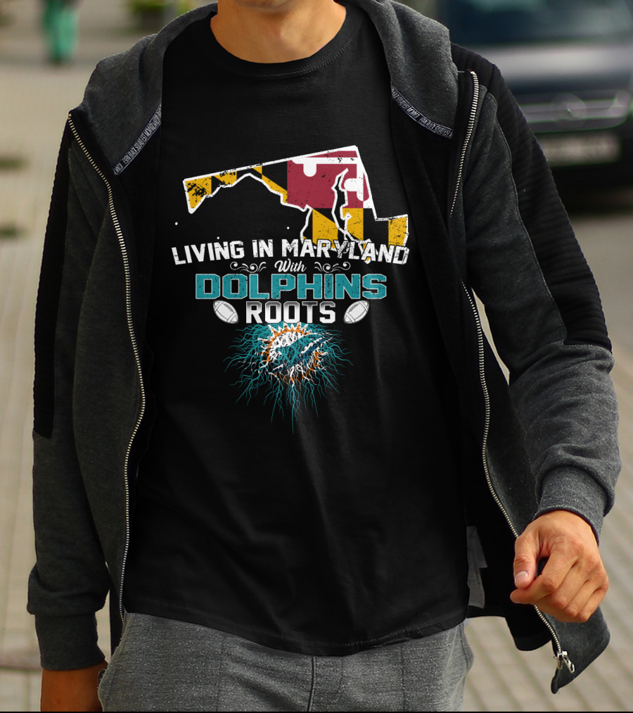 Living In Maryland With Miami Dolphins Roots Maryland Flag Map T-Shirt