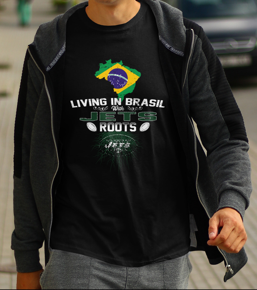 Living In Brasil With New York Jets Roots Flag Map T-Shirt