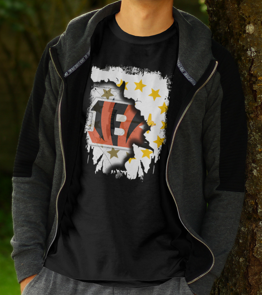 Rhode Island Map With Cincinnati Bengals Logo And Stars T-Shirt