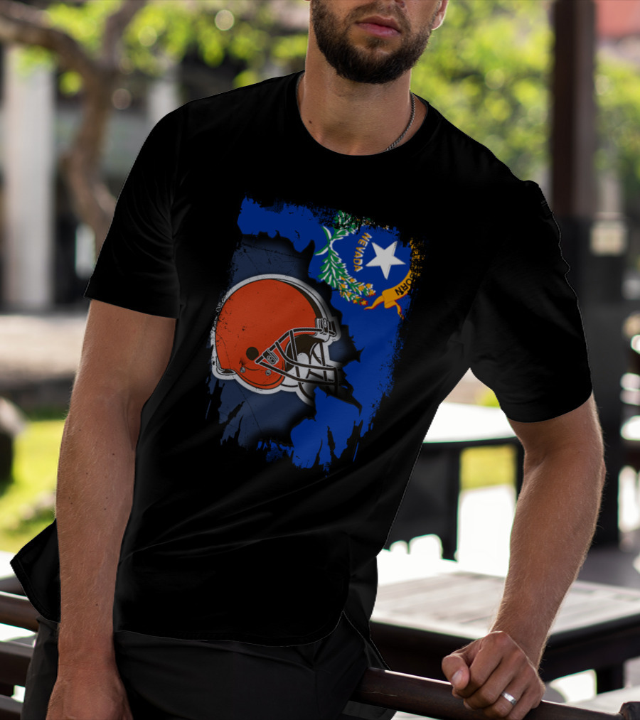 Nevada State Flag With Cleveland Browns Helmet Fusion T-Shirt