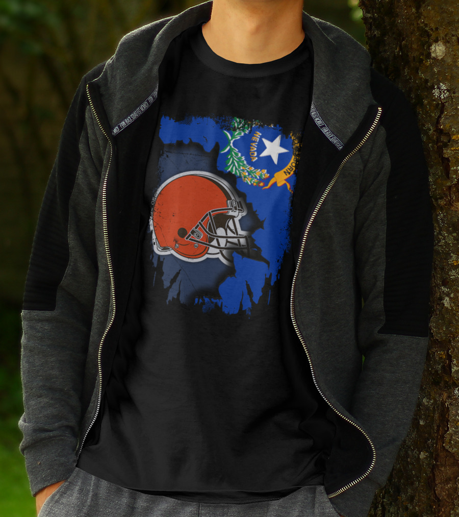 Nevada State Flag With Cleveland Browns Helmet Fusion T-Shirt