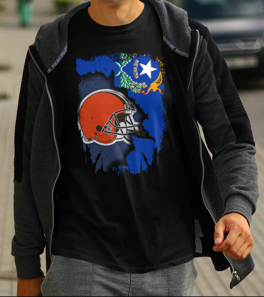 Nevada State Flag With Cleveland Browns Helmet Fusion T-Shirt