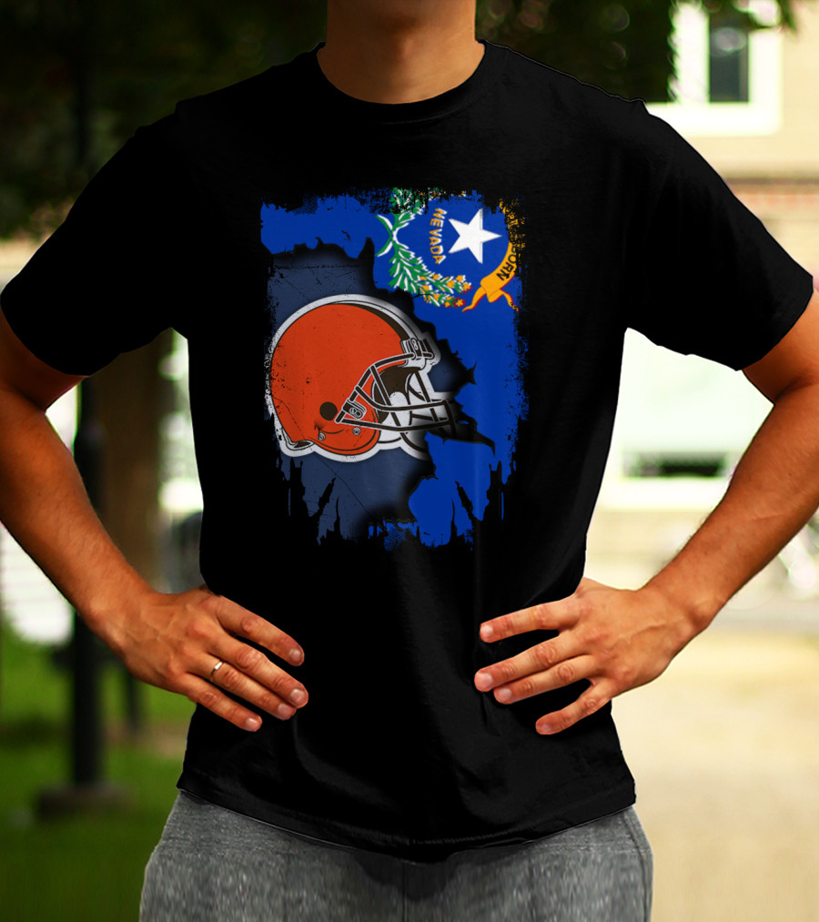 Nevada State Flag With Cleveland Browns Helmet Fusion T-Shirt