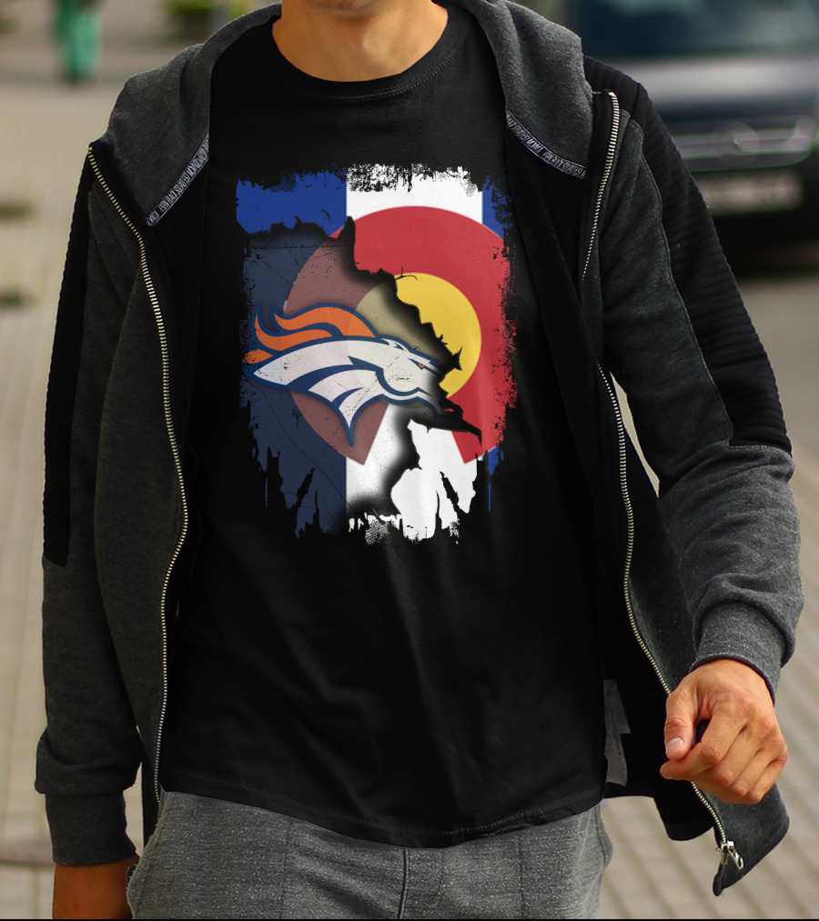 Colorado Flag With Broncos Logo Fusion T-Shirt