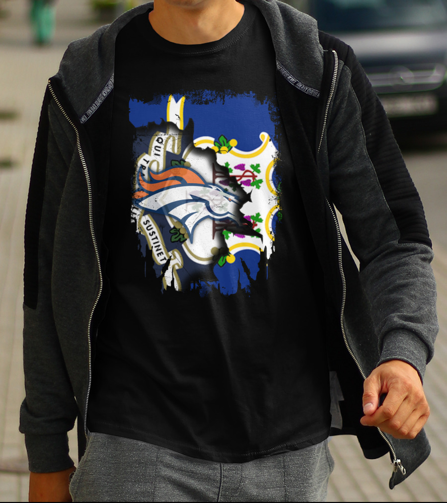 Connecticut And Broncos Logo Fusion With State Motto Motif T-Shirt