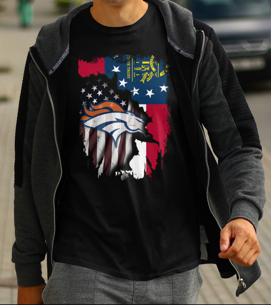 Georgia State With Denver Broncos Flag Fusion T-Shirt