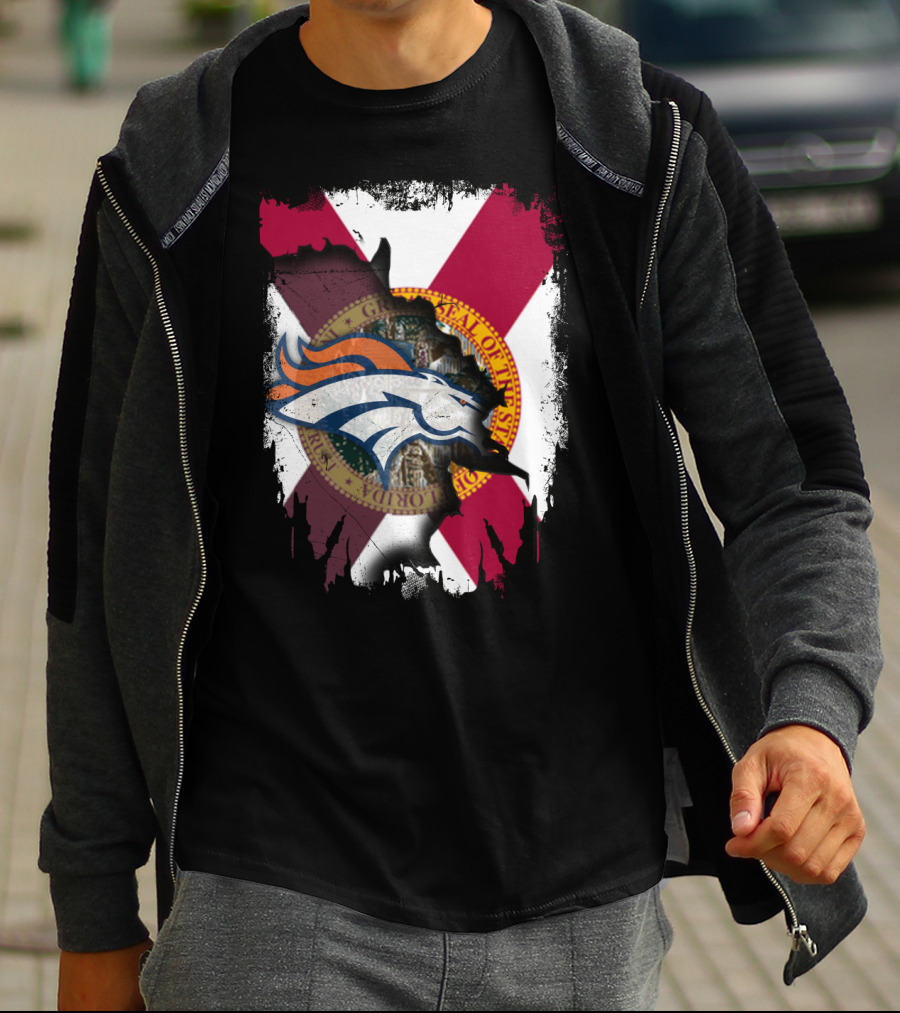 Together Florida With Broncos Logo And State Flag Emblem T-Shirt