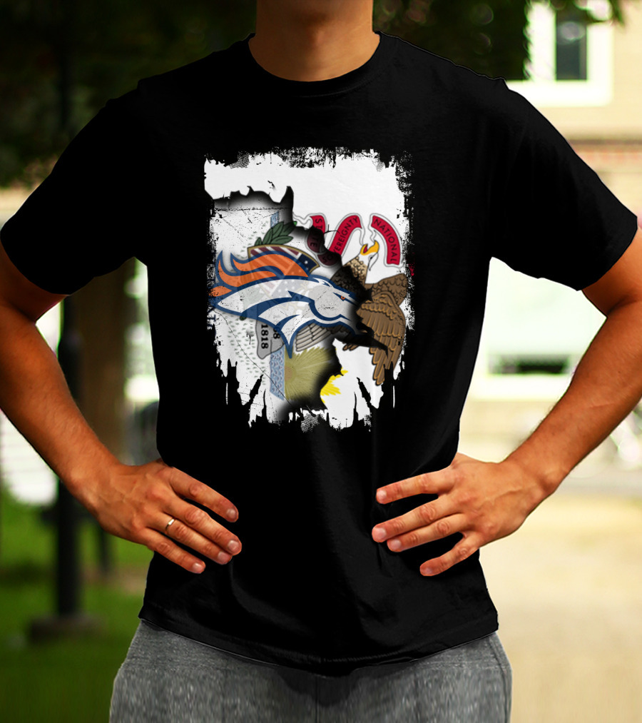 Illinois Flag Background With Denver Broncos Logo Collaboration T-Shirt