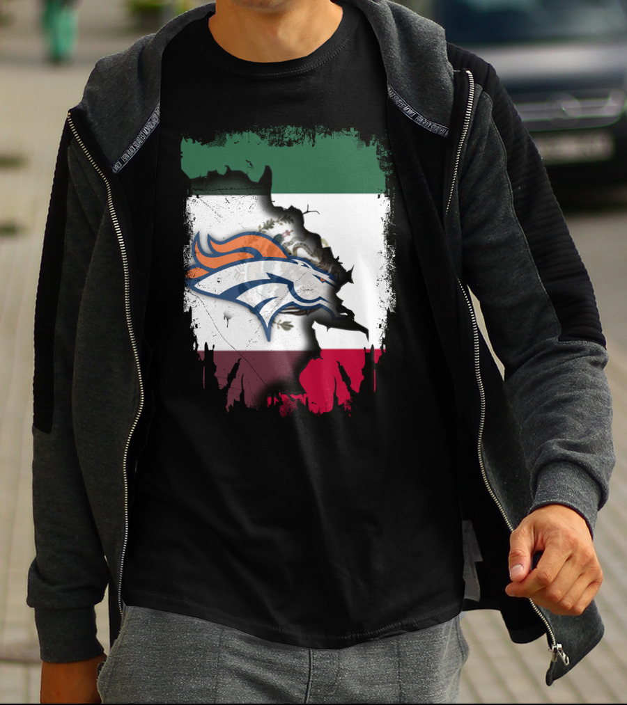 Mexico Flag With Broncos Logo Together T-Shirt