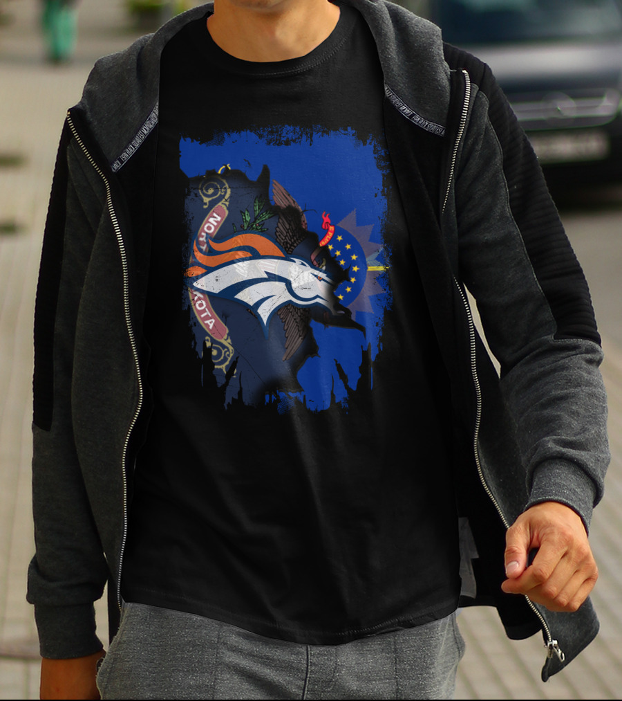 North Dakota State Flag Meets Denver Broncos Logo Fusion T-Shirt