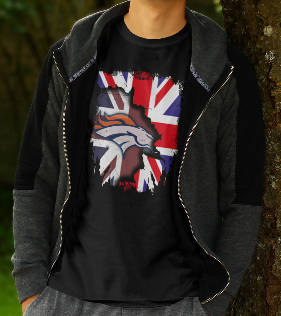 United Kingdom Flag With Broncos Logo Fusion T-Shirt