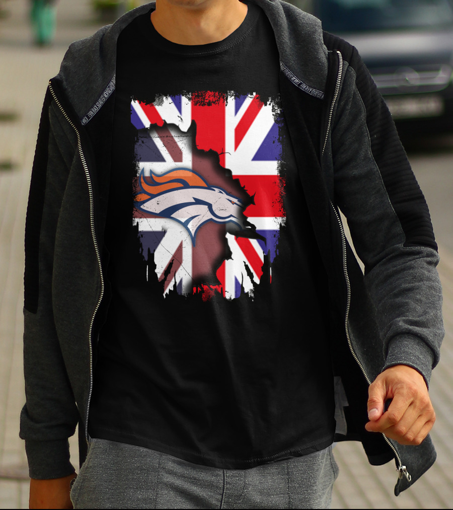 United Kingdom Flag With Broncos Logo Fusion T-Shirt