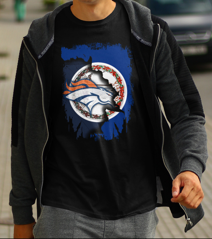Together Virginia With Broncos Logo Over State Flag T-Shirt