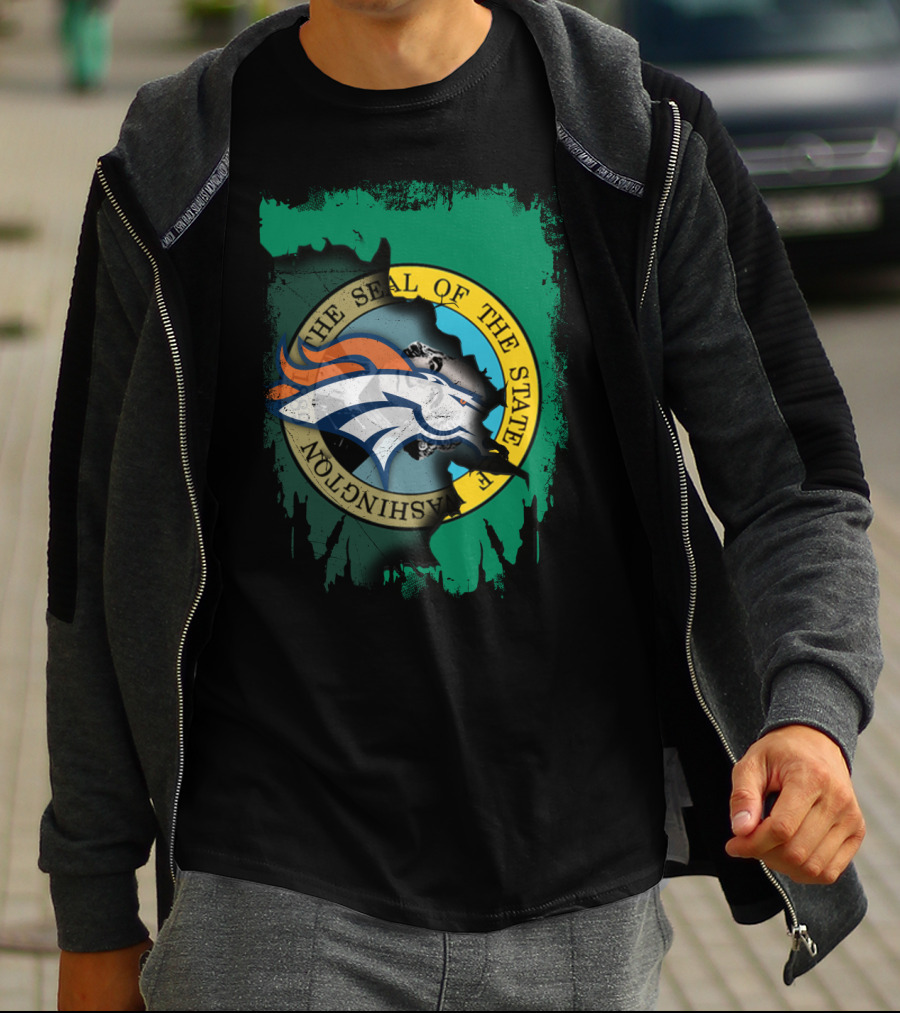 The Seal Of The State Of Washington With Broncos Logo Fusion T-Shirt