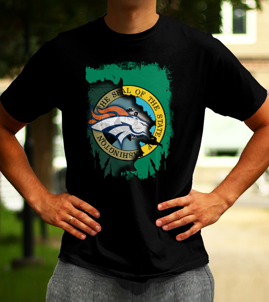 The Seal Of The State Of Washington With Broncos Logo Fusion T-Shirt