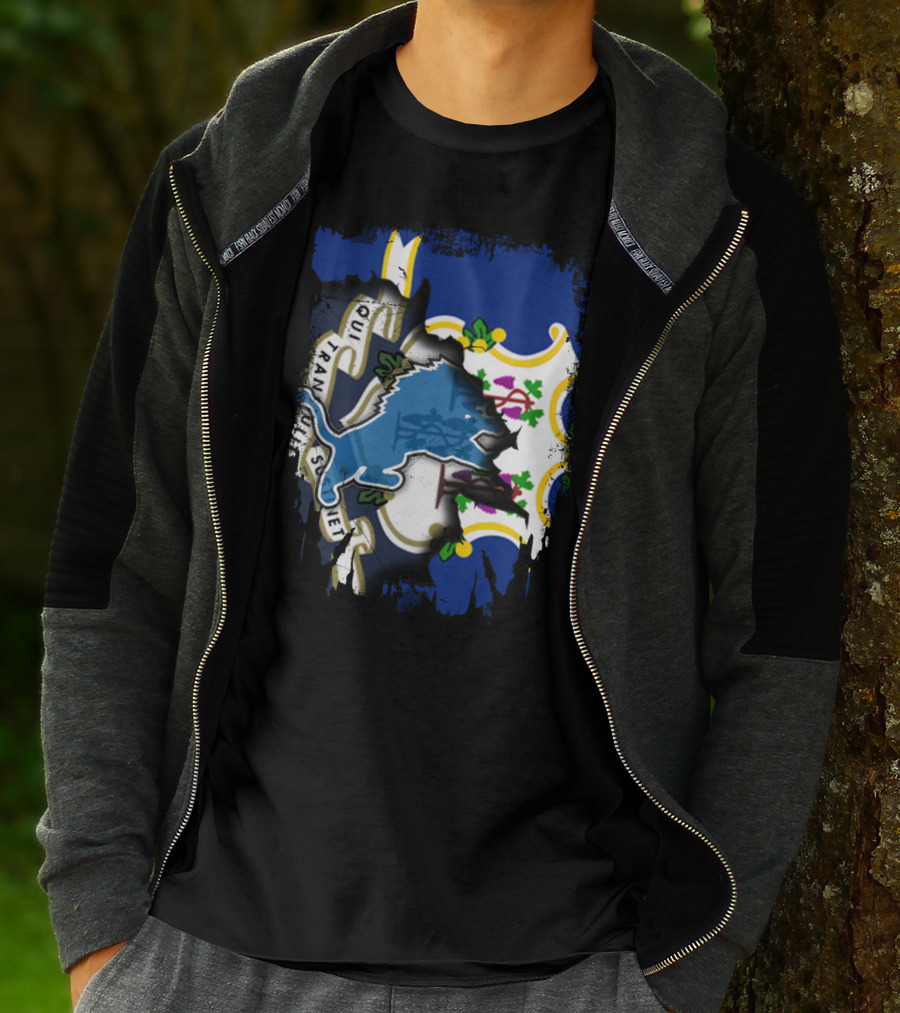 Connecticut State Flag With Detroit Lions Logo Fusion T-Shirt