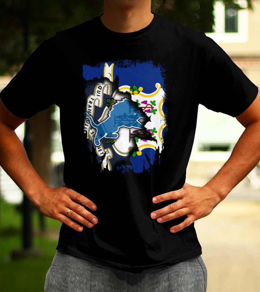 Connecticut State Flag With Detroit Lions Logo Fusion T-Shirt