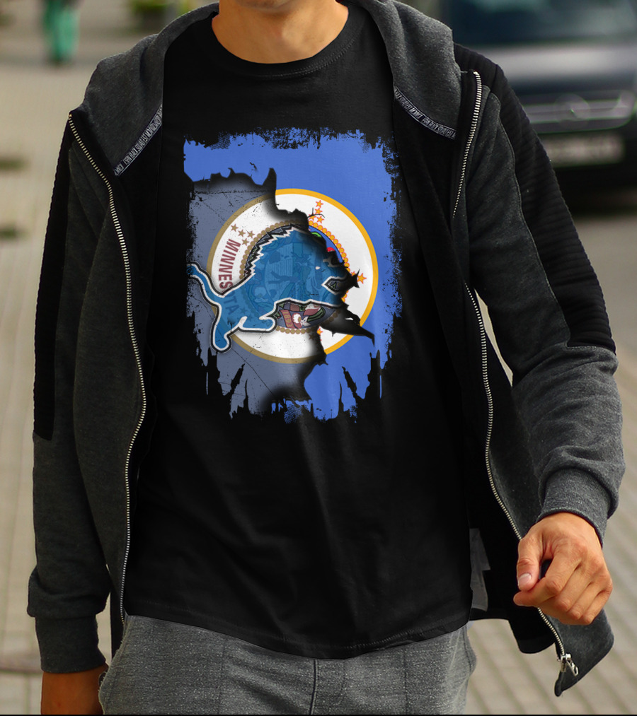Minnesota State Flag With Detroit Lions Logo Together T-Shirt