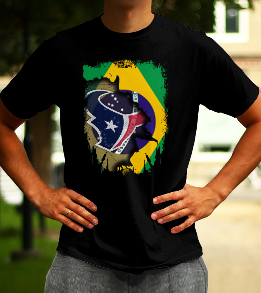 Brazilian Flag And Texans Logo Integration: Together Brazil With Texans T-Shirt