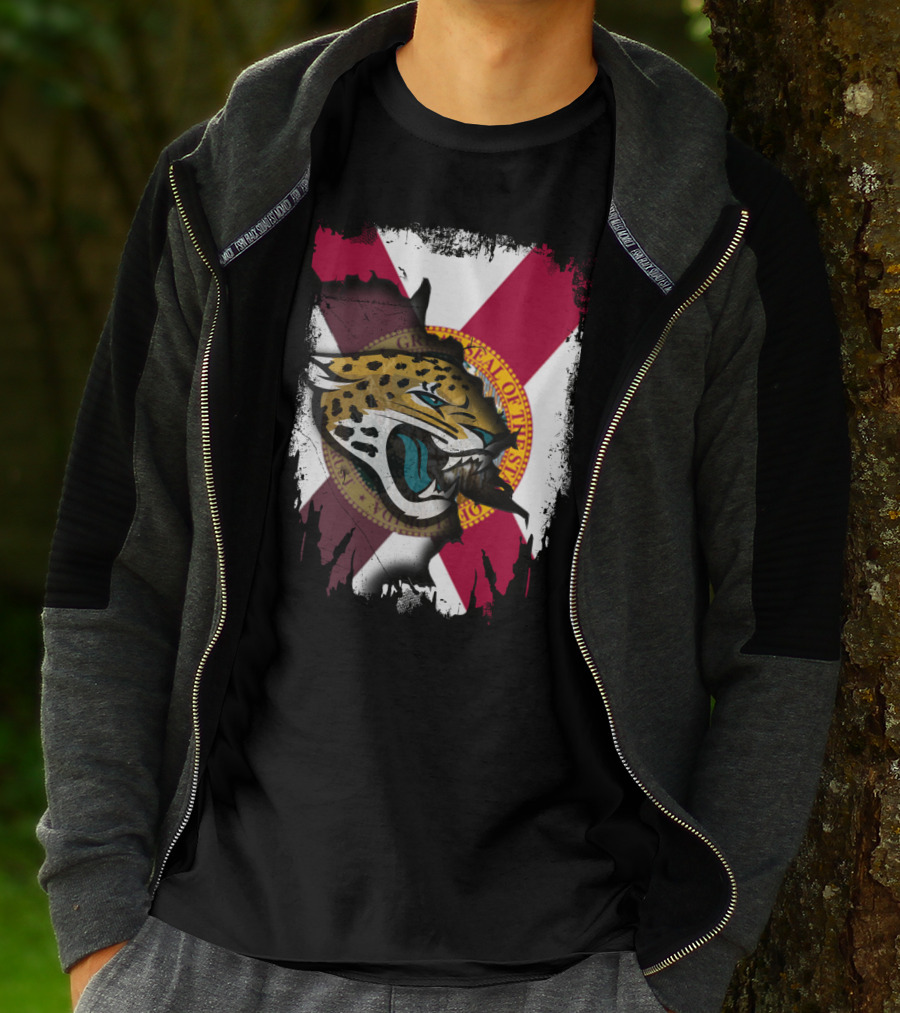 Florida State Flag With Jaguars Roaring Emblem Together T-Shirt
