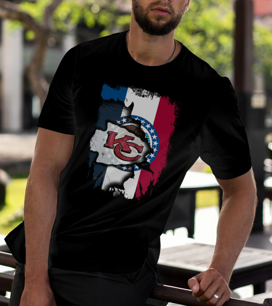 KC Chiefs Logo On Torn Missouri Flag Design Together T-Shirt