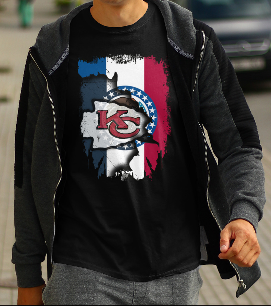 KC Chiefs Logo On Torn Missouri Flag Design Together T-Shirt